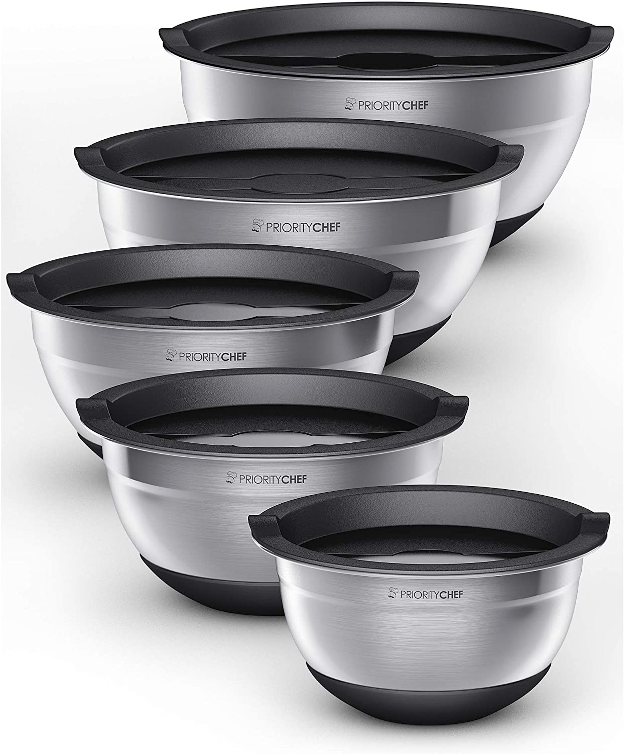 PriorityChef Stainless Steel Mixing Bowls With Lids Set of 5 - Multifunctional Stackable Measuring Bowl Set With Silicone Base - 1.2/1.7/2.2/3.6/4.7 Quart